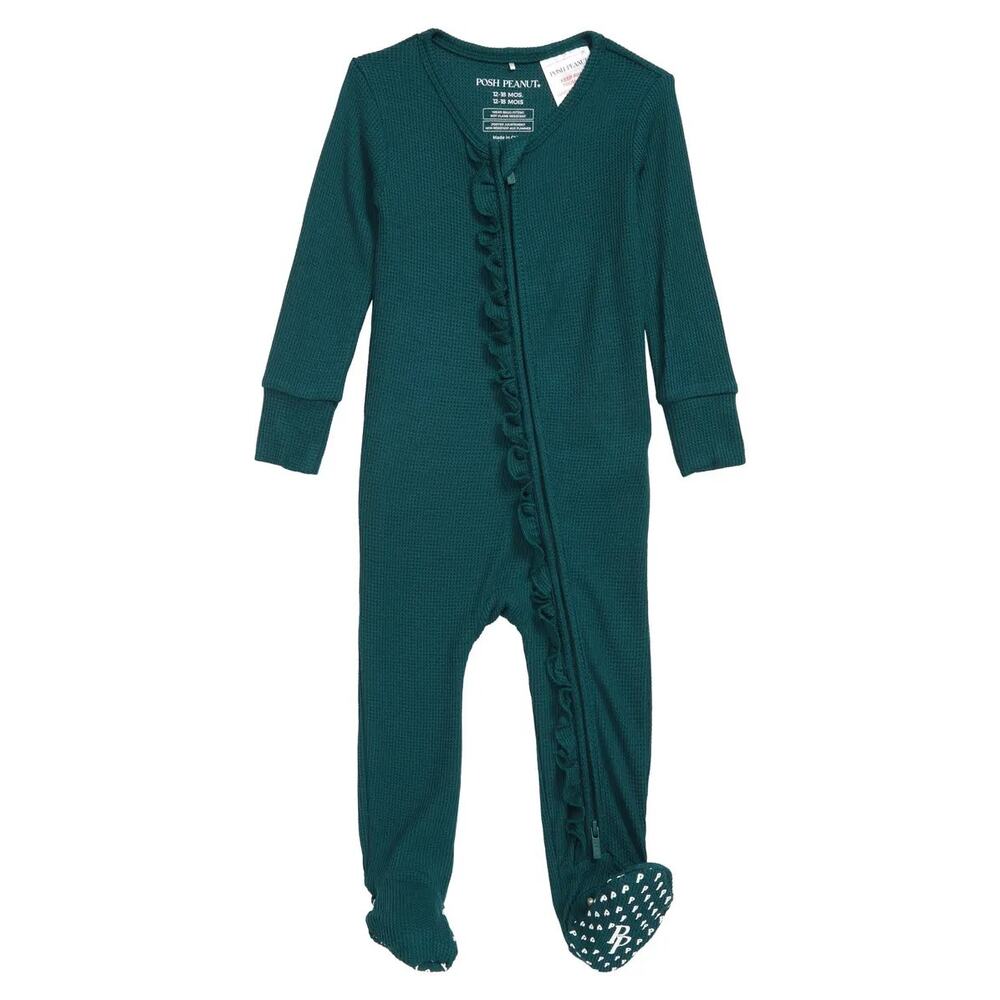 Posh Peanut Footie Ruffled Waffle Zippered One Piece Hunter Green 18-24 Months